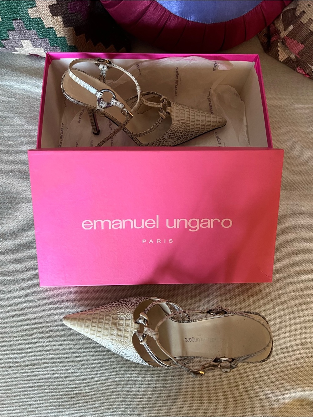Emanuel Ungaro Cream Snake-Embossed Pointed Slingback Heels